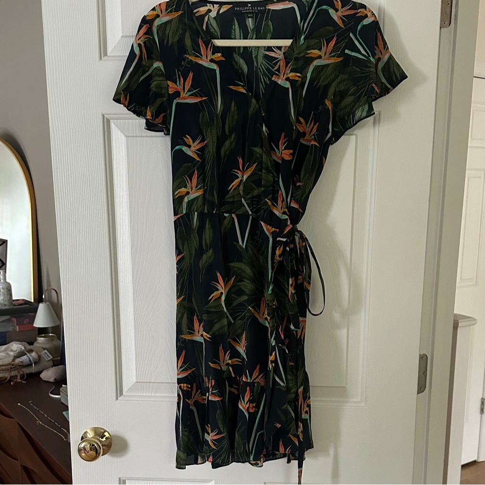 Tropical Print Wrap Midi Dress in Black and Green - Philippe Le Bac